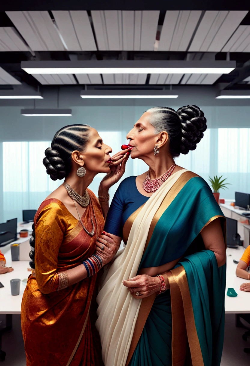 in luxerius office items sorrounded bright lighted modern indian office,three 60 years old eldery indian ladies in sarees,kissing,their gray black inverted french braided hairs styled by hairstylist nikkin nelms,1 liter of oil poured over their hairs making slick shinning like mirrors,tongues are highly visible,