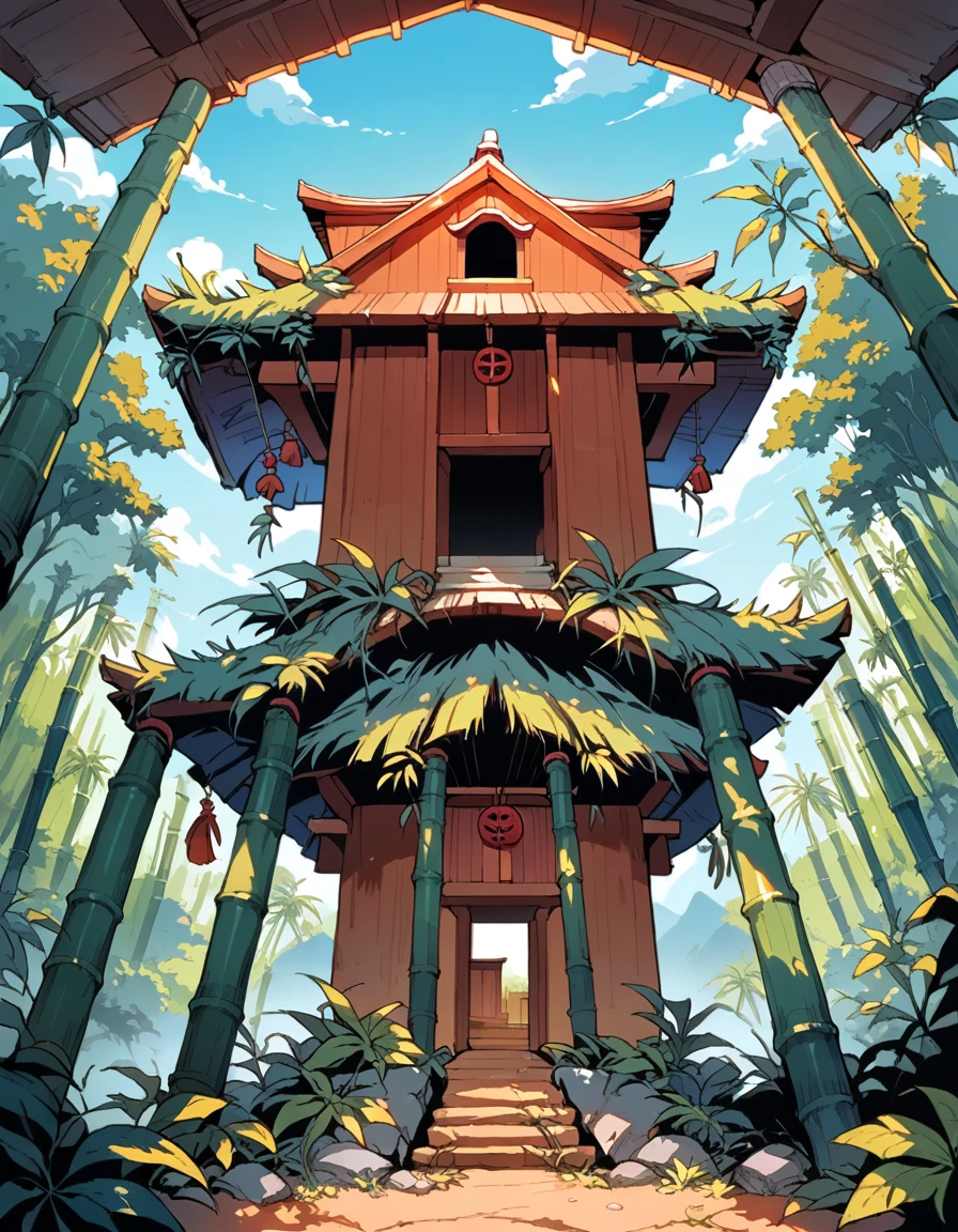 score_9, score_8_up, score_7_up, source_anime, bamboo house in on the mountain while is surrounded by trees, different angles of views, above, behind, front, beside, below, inside, in the jungle 