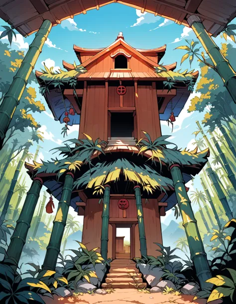 score_9, score_8_up, score_7_up, source_anime, bamboo house in on the mountain while is surrounded by trees, different angles of...