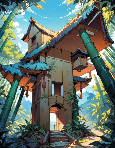 score_9, score_8_up, score_7_up, source_anime, bamboo house in on the mountain while is surrounded by trees, different angles of...