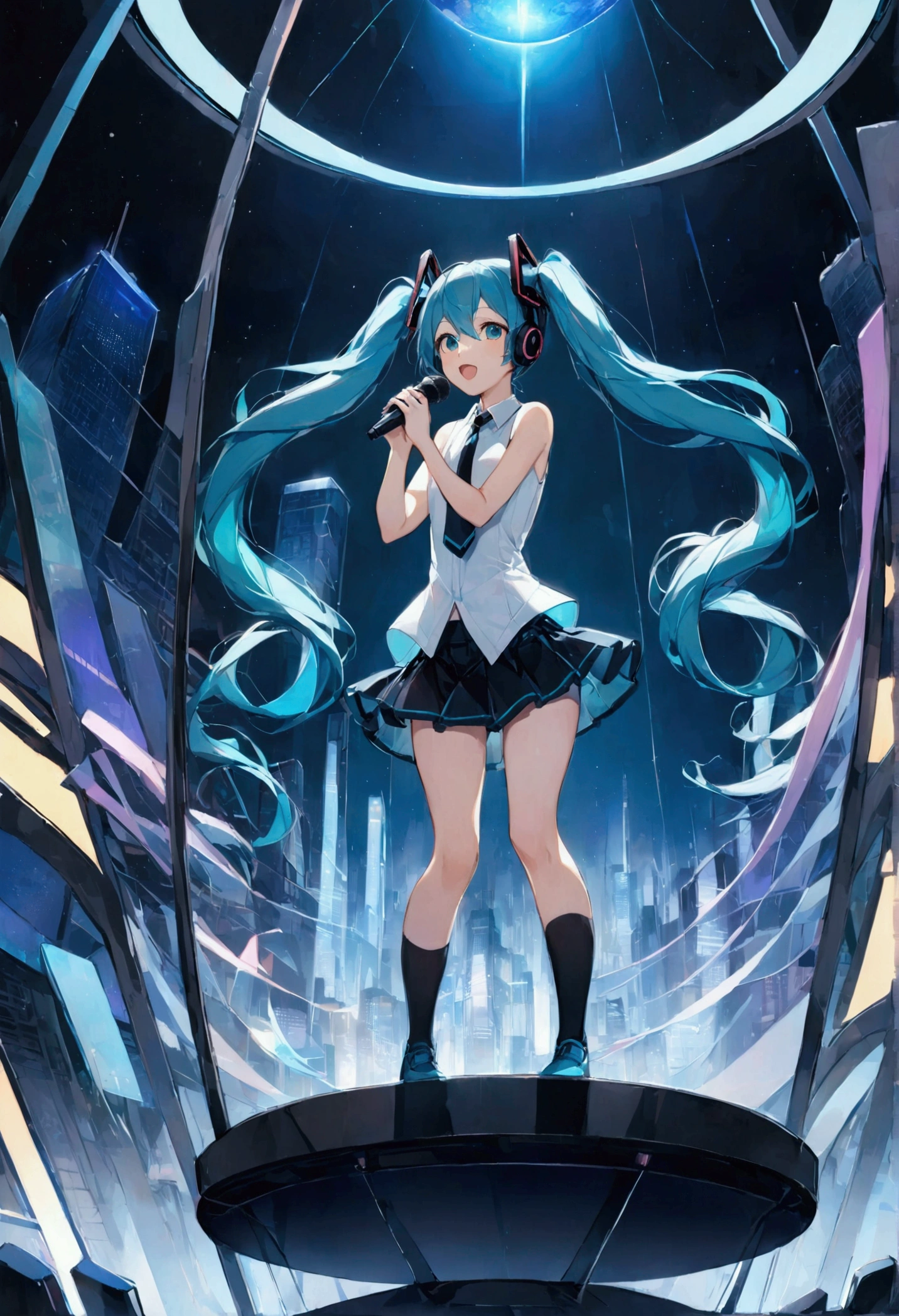 (Hatsune Miku,Light blue hair,Twin tails,No sleeve,tie,mini skirt,socks),((Blue is the predominant color)),(Shining futuristic city at night,Night view,Cyber World),(Dynamic pose,Standing on a glass stage,Cool look,singing,Holding a microphone)