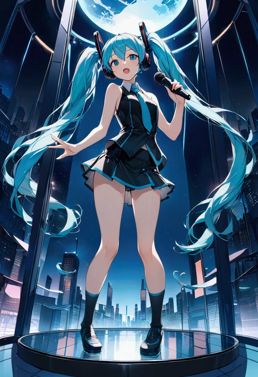 (hatsune miku,light blue hair,twin tails,no sleeve,tie,mini skirt,socks),((blue is the predominant color)),(shining futuristic c...