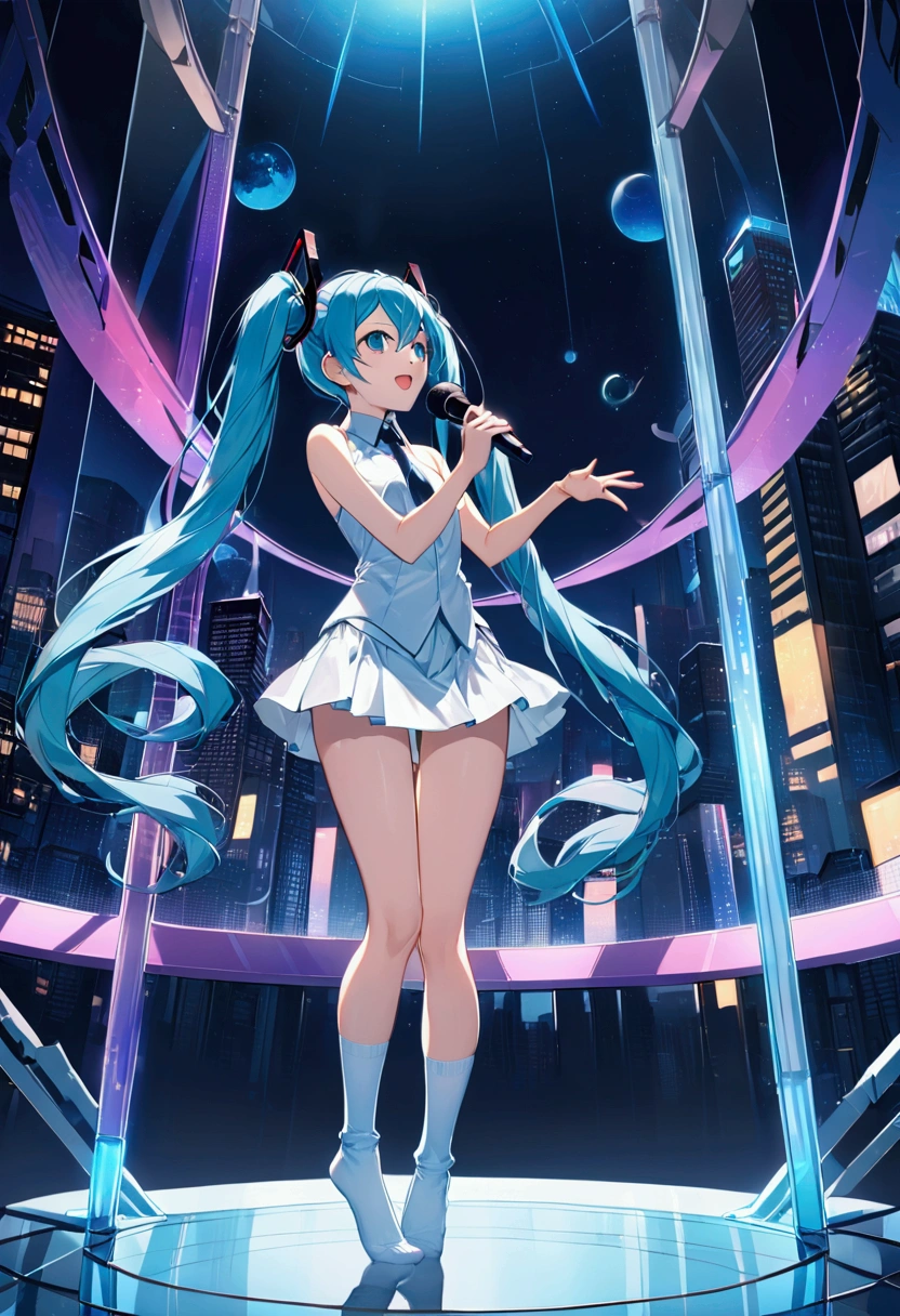 (Hatsune Miku,Light blue hair,Twin tails,No sleeve,tie,mini skirt,socks),((Blue is the predominant color)),(Shining futuristic city at night,Night view,Cyber World),(Dynamic pose,Standing on a glass stage,Cool look,singing,Holding a microphone)