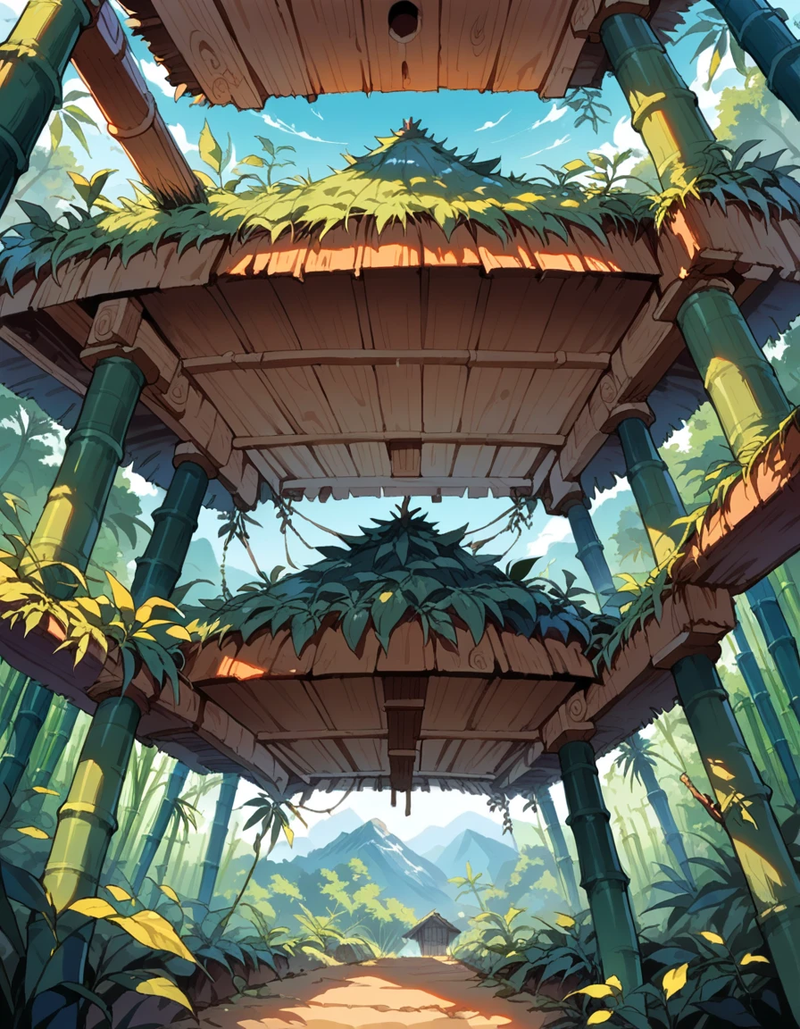 score_9, score_8_up, score_7_up, source_anime, bamboo hut in on the mountain while is surrounded by trees, different angles of views, above, behind, front, beside, below, inside, in the jungle 