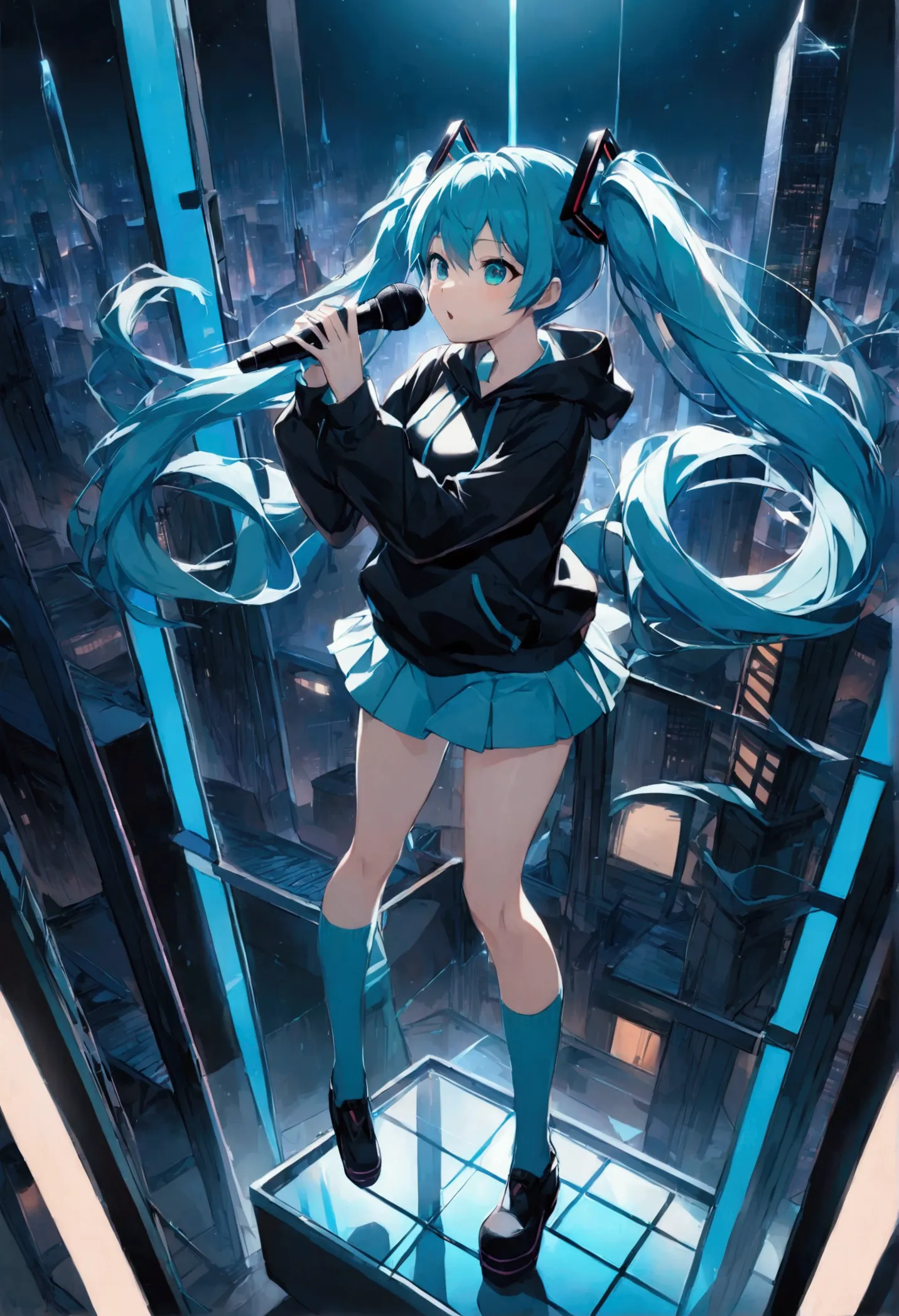 (hatsune miku,light blue hair,twin tails,no sleeve,tie,mini skirt,socks,black hoodie),((blue is the predominant color)),(shining...