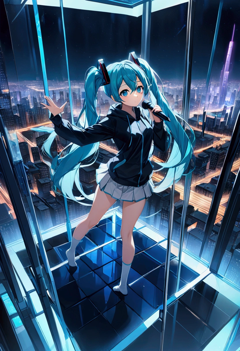 (Hatsune Miku,Light blue hair,Twin tails,No sleeve,tie,mini skirt,socks,Black hoodie),((Blue is the predominant color)),(Shining futuristic city at night,Night view,Cyber World),(Dynamic pose,Standing on a glass stage,Cool look,singing,Holding a microphone)