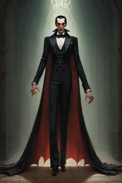 dracula in a tuxedo、only one person is in the picture、the whole body is shown、facing forward