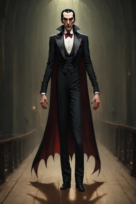 dracula in a tuxedo、only one person is in the picture、the whole body is shown、facing forward