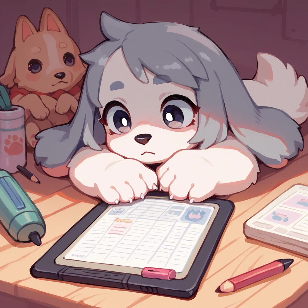 the whole body,Furry, Cute, Short gray hair, white fur, cute, dog, melancholy eyes, pen tablet.