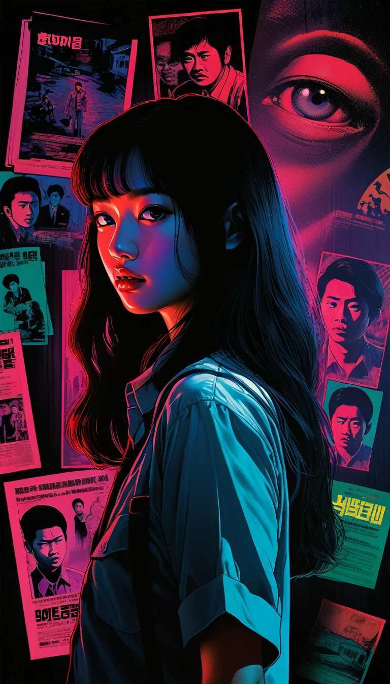 An illustration、art、80s Thai horror movie poster, Supervised by Junji Ito、(high school student:1.0)、office、Attention to detail, Realistic Shadows、Analog Style, chromatic aberration, Surrealism、Complementary Gradient