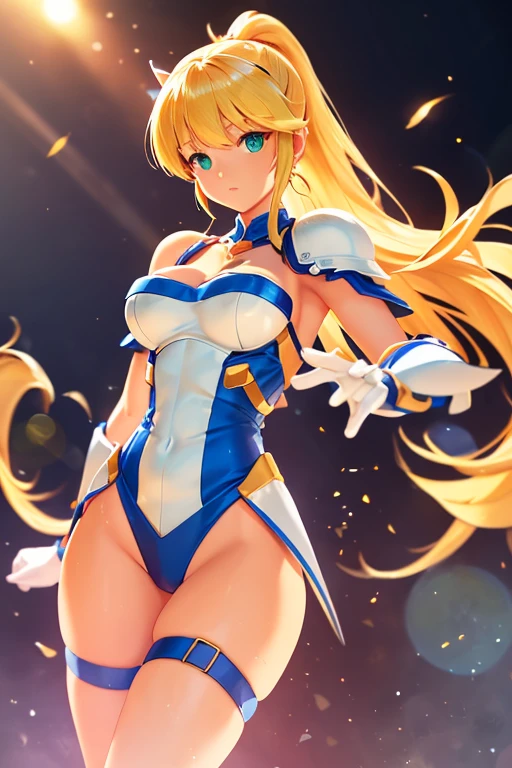 yuna(GOD)\,masterpiece,Noise Reduction,perfect anatomy,high resolution, ultra-detailed,game cg,dutch angle ,beautiful detailed eyes,visualart,five fingers, perfect hands, perfect lighting,One girl with green eyes, Long Hair,(pony tail),Thigh straps, Blonde,breastplate,gloves,leotard,arm guards,blue leotard, Scapula, shoulder 鎧,