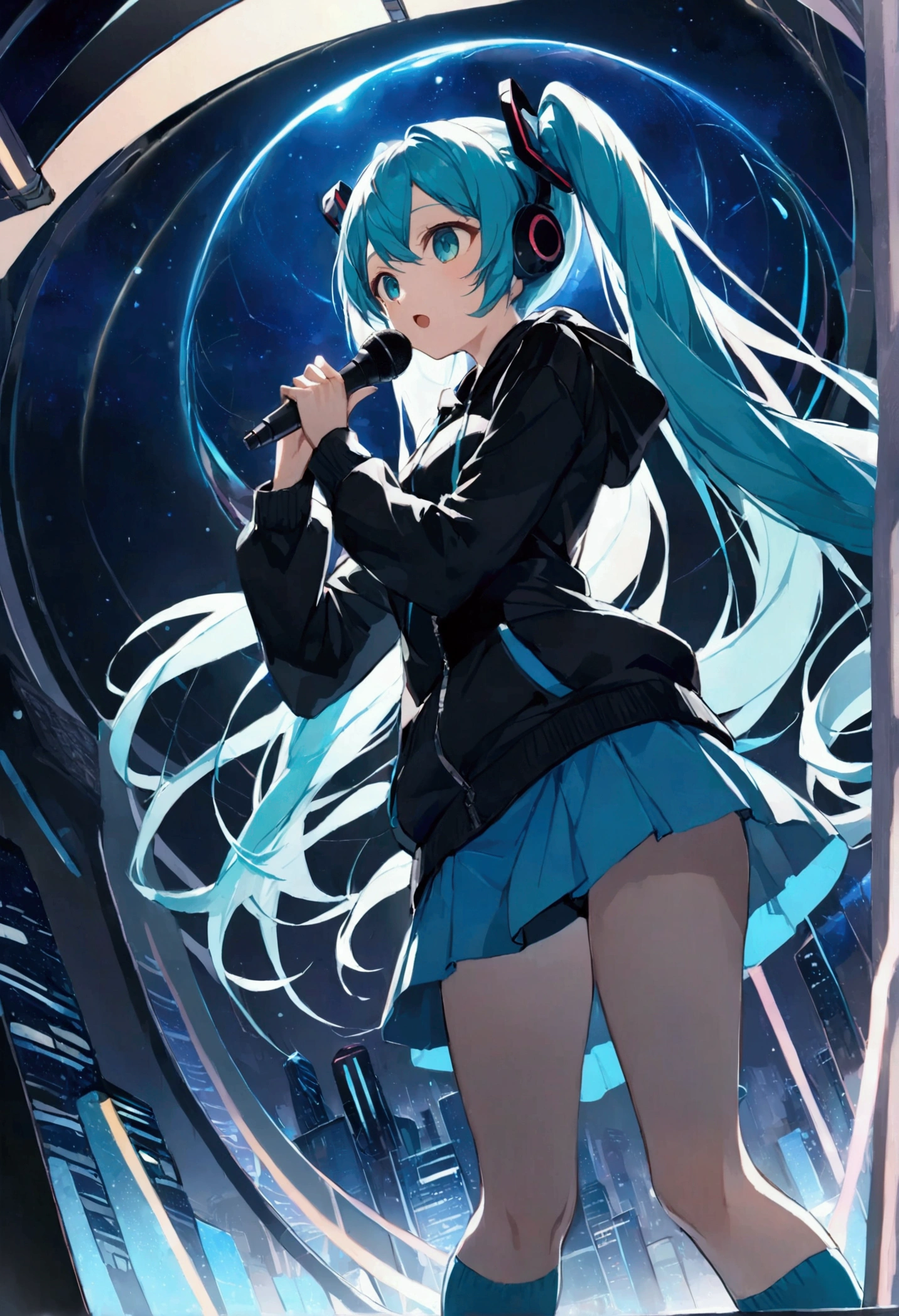 (Hatsune Miku,Light blue hair,Twin tails,No sleeve,tie,mini skirt,socks,Black hoodie),((Blue is the predominant color,Angle from below,Stars in the night sky)),(Shining futuristic city at night,Night view,Cyber World),(Dynamic pose,Standing on a glass stage,Cool look,singing,Holding a microphone)