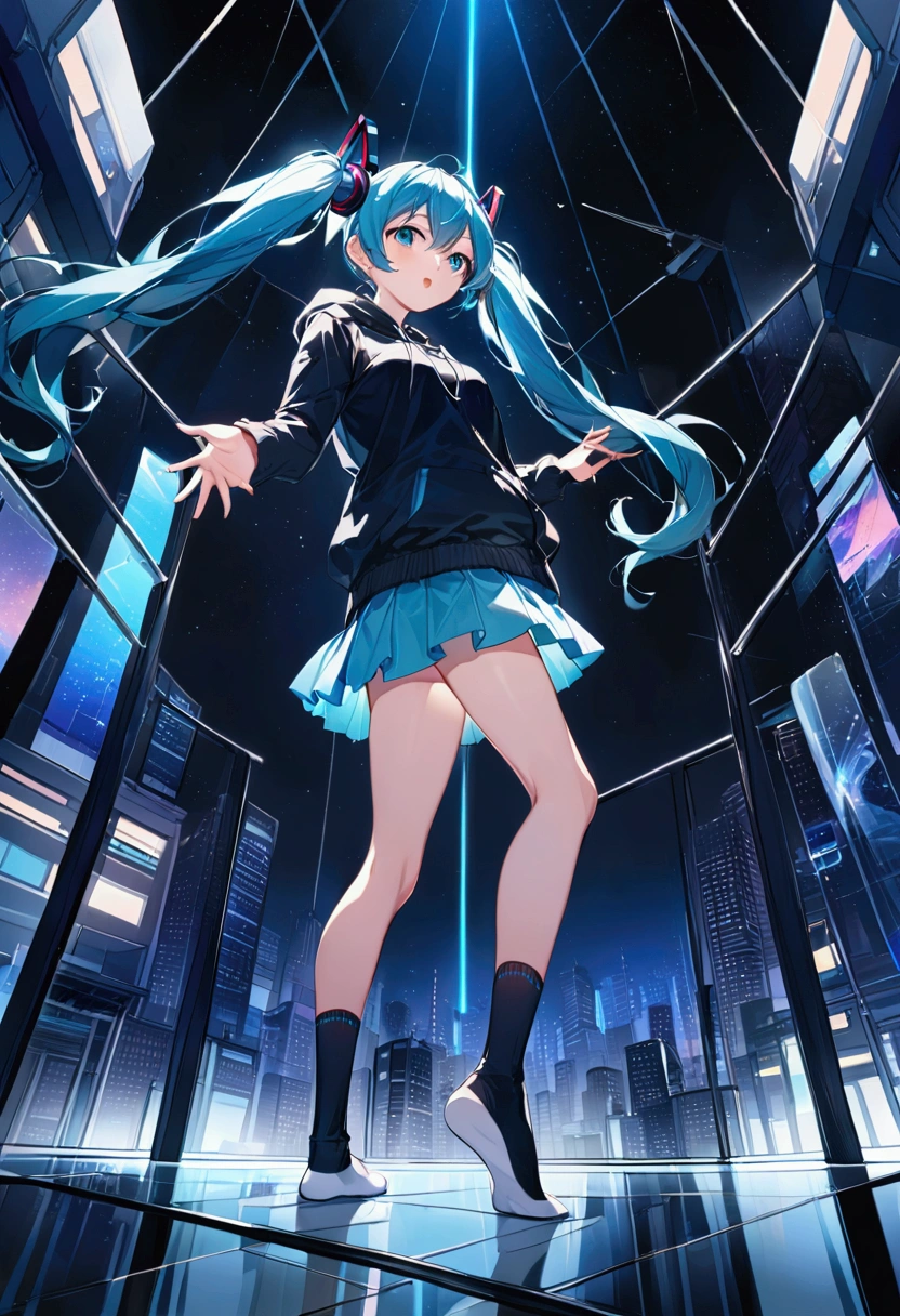 (Hatsune Miku,Light blue hair,Twin tails,No sleeve,tie,mini skirt,socks,Black hoodie),((Blue is the predominant color,Angle from below,Stars in the night sky)),(Shining futuristic city at night,Night view,Cyber World),(Dynamic pose,Standing on a glass stage,Cool look,singing,Holding a microphone)