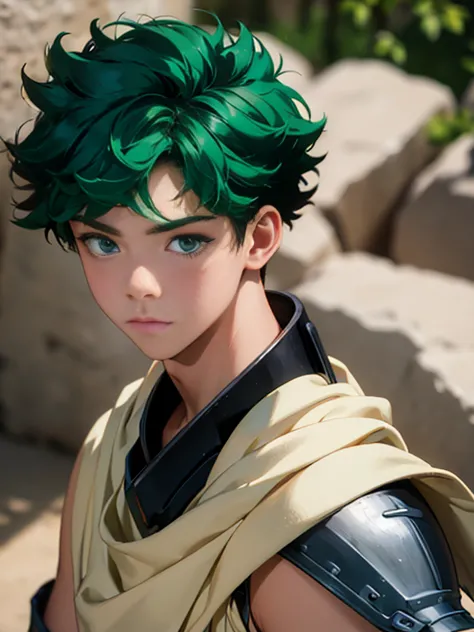 portrait, 1boy, , armor, warrior, ancient greece handsome, shirtless, greek model, blonde boy, izuku midoriya, green eyes, green...