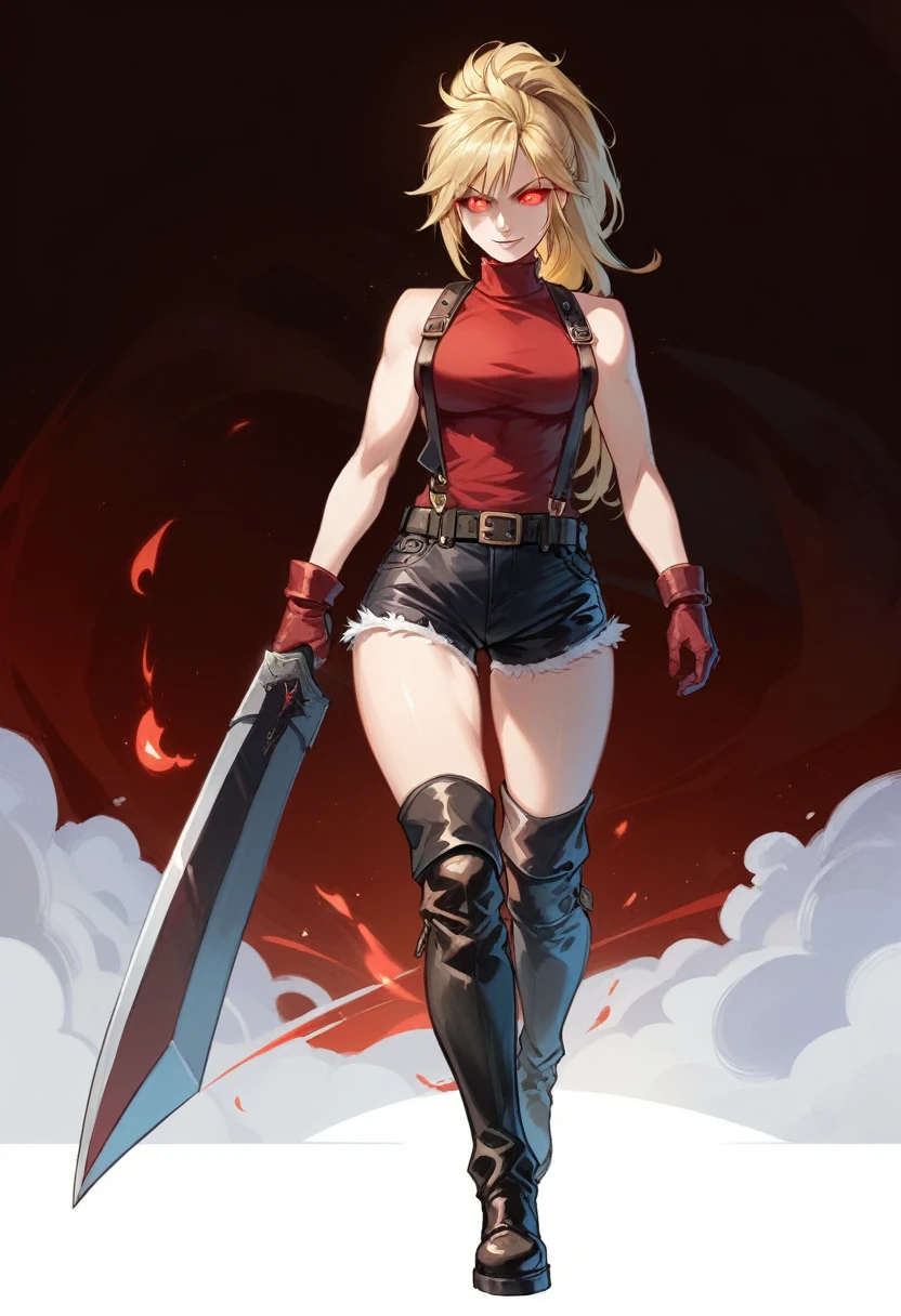 (masterpiece, best quality:1.2), red glowing eyes, red eyes, the eyes are red, perfect face, highres, 1 girl, solo, ultra long ponytail, (female:1.5), strife, blonde hair, shoulder armor, sleeveless turtleneck, suspenders, belt, gloves, bracer, evil smile, standing, portrait, looking at viewer, giant sword on the back, long leather boots, fullbody shot