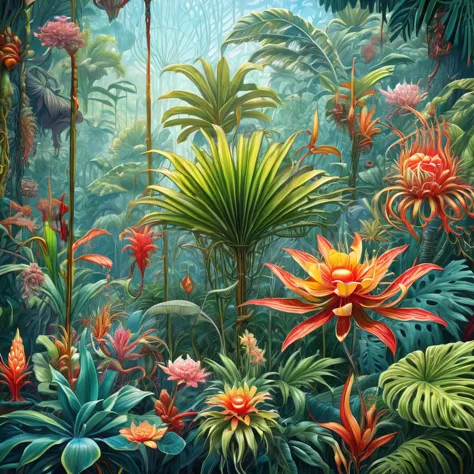 (super detailed, highest quality, digital art), inspired by android jones, james jean and ernst haeckel, fictional tropical plan...