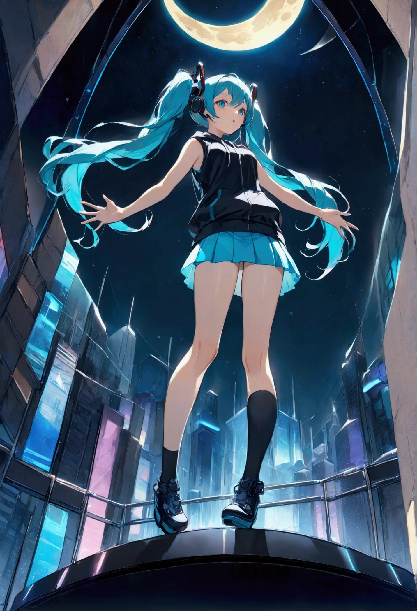 (Hatsune Miku,Light blue hair,Twin tails,No sleeve,tie,mini skirt,socks,Black hoodie),((Blue is the predominant color,Angle from below,Stars in the night sky,Crescent Moon)),(Shining futuristic city at night,Night view,Cyber World),(Dynamic pose,Standing on a glass stage,Cool look,singing,Holding a microphone)