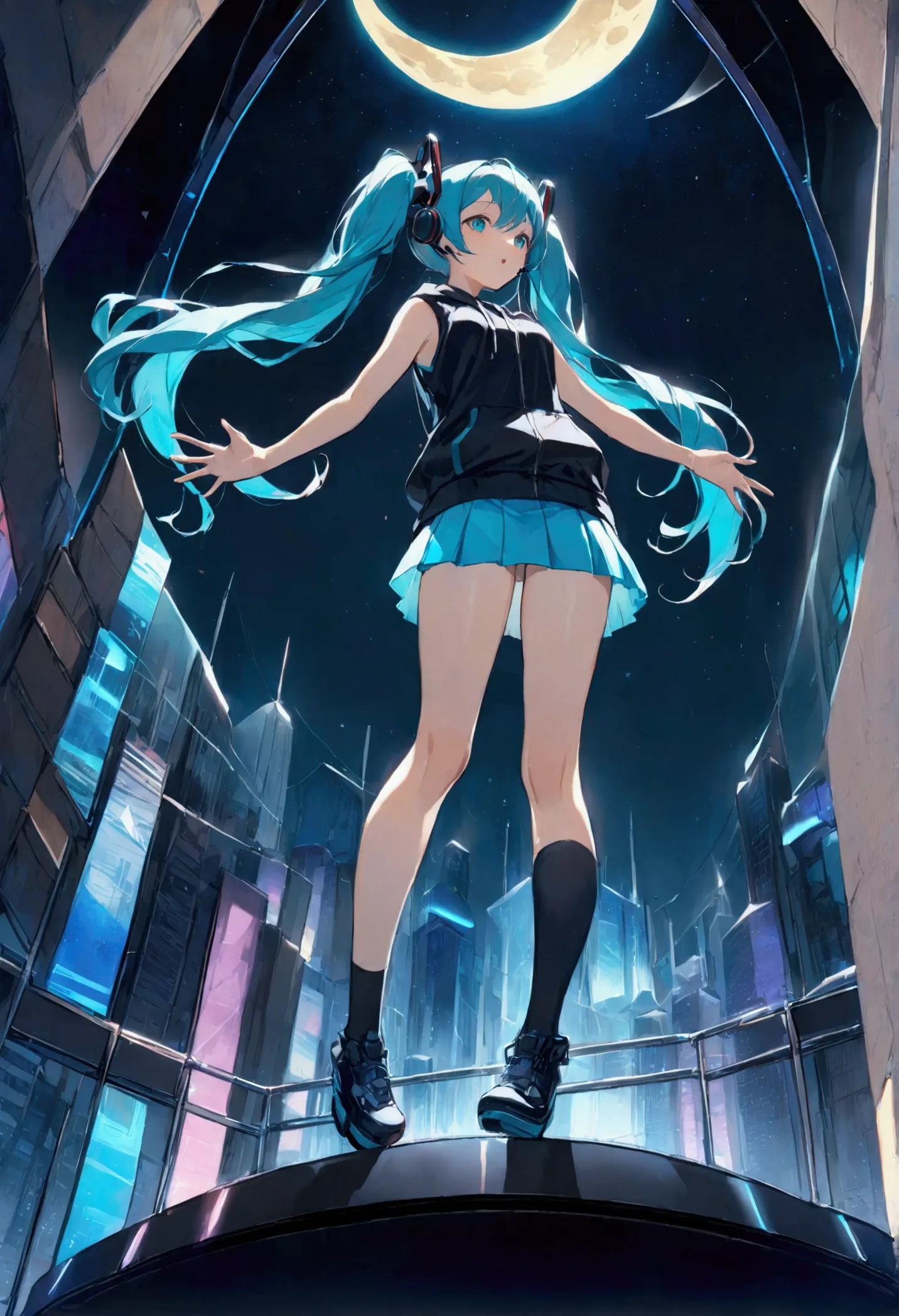 (hatsune miku,light blue hair,twin tails,no sleeve,tie,mini skirt,socks,black hoodie),((blue is the predominant color,angle from...