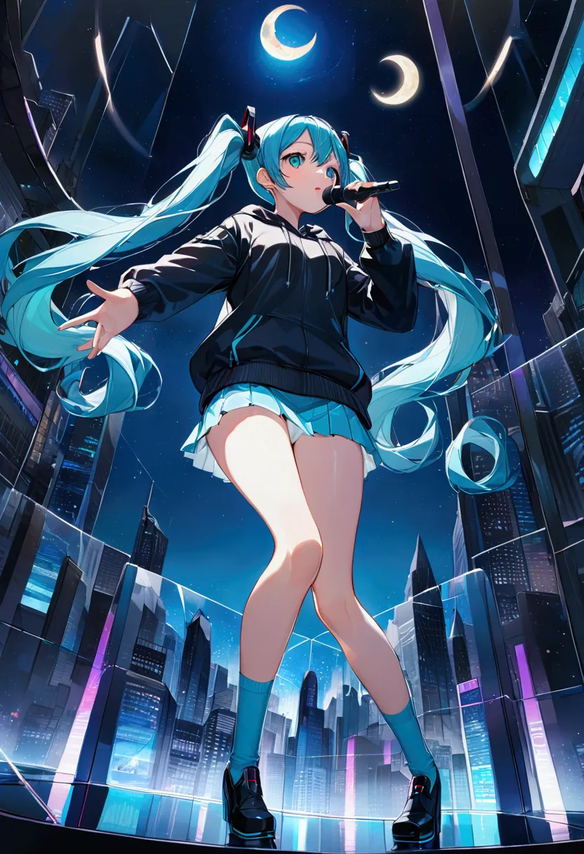 (hatsune miku,light blue hair,twin tails,no sleeve,tie,mini skirt,socks,black hoodie),((blue is the predominant color,angle from...