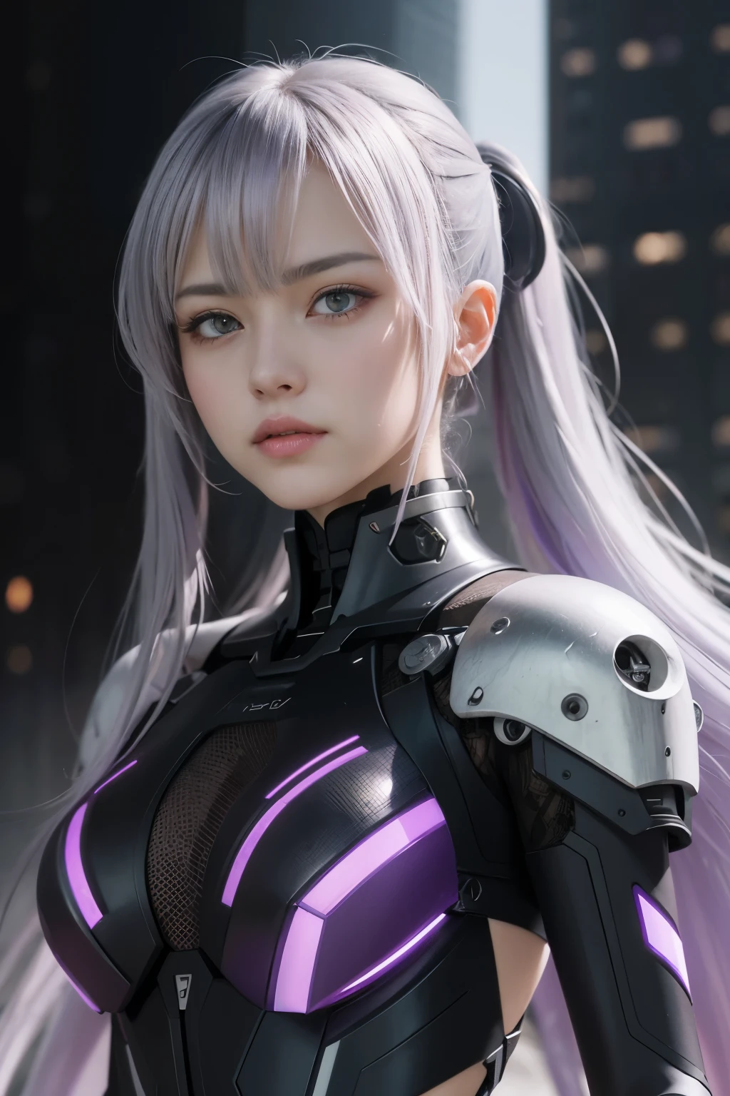 masterpiece, best quality, illustration, beautiful detailed eyes, colorful background, mechanical prosthesis, mecha coverage, emerging dark purple across with white hair, pig tails, disheveled hair, fluorescent purple, cool movement, rose red eyes, beatiful detailed cyberpunk city, multicolored hair, beautiful detailed glow, 1 girl, expressionless, cold expression, insanity, long bangs, long hair, lace, dynamic composition, motion, ultra - detailed, incredibly detailed, a lot of details, amazing fine details and brush strokes, smooth, hd semirealistic anime cg concept art digital painting, cyborg style,