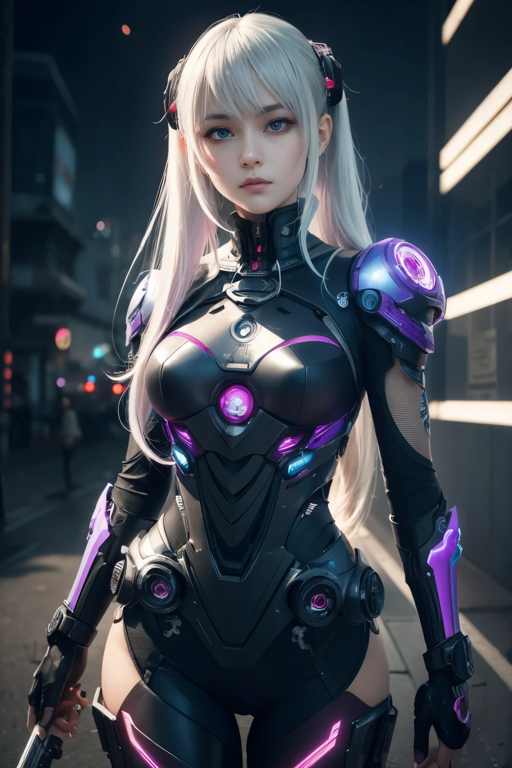 masterpiece, best quality, illustration, beautiful detailed eyes, colorful background, mechanical prosthesis, mecha coverage, emerging dark purple across with white hair, pig tails, disheveled hair, fluorescent purple, cool movement, rose red eyes, beatiful detailed cyberpunk city, multicolored hair, beautiful detailed glow, 1 girl, expressionless, cold expression, insanity, long bangs, long hair, lace, dynamic composition, motion, ultra - detailed, incredibly detailed, a lot of details, amazing fine details and brush strokes, smooth, hd semirealistic anime cg concept art digital painting, cyborg style,