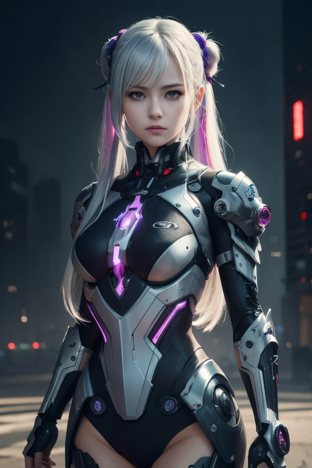 masterpiece, best quality, illustration, beautiful detailed eyes, colorful background, mechanical prosthesis, mecha coverage, emerging dark purple across with white hair, pig tails, disheveled hair, fluorescent purple, cool movement, rose red eyes, beatiful detailed cyberpunk city, multicolored hair, beautiful detailed glow, 1 girl, expressionless, cold expression, insanity, long bangs, long hair, lace, dynamic composition, motion, ultra - detailed, incredibly detailed, a lot of details, amazing fine details and brush strokes, smooth, hd semirealistic anime cg concept art digital painting, cyborg style,