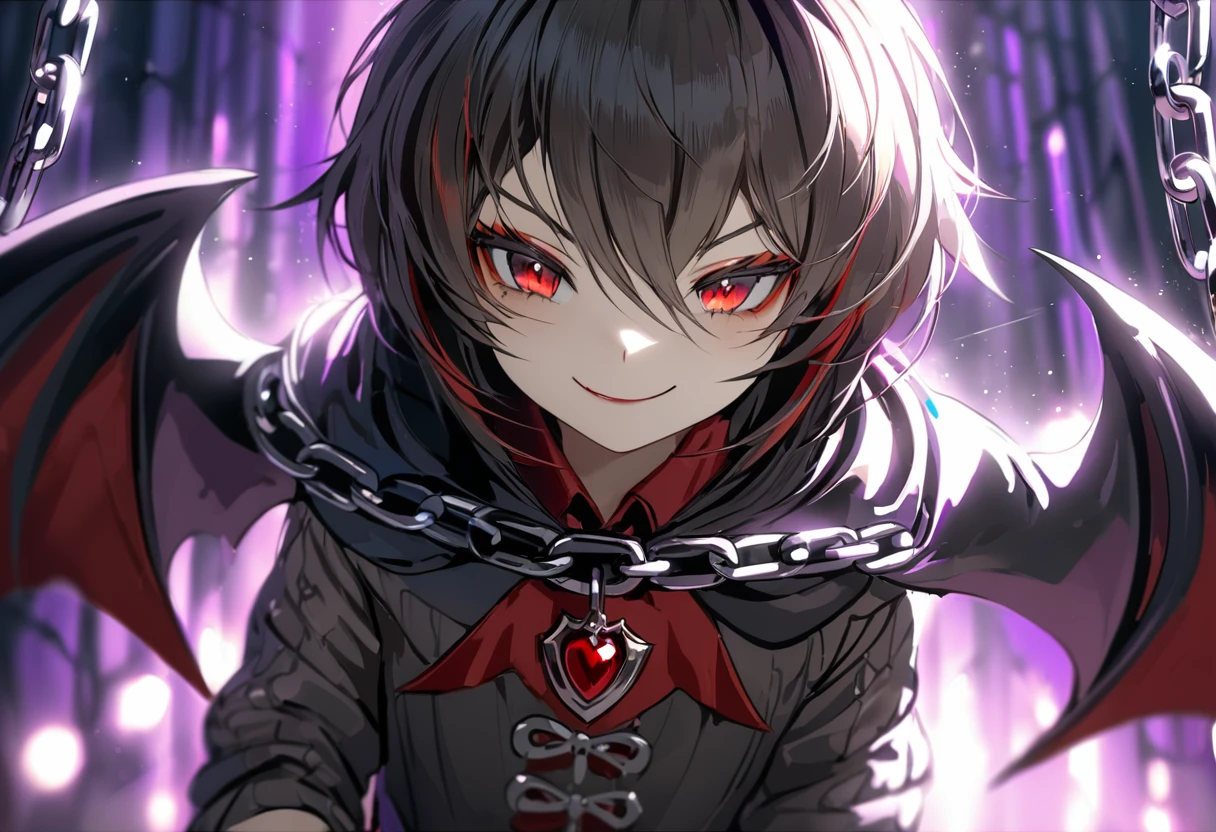 uhd, textured skin, good quality, High details, ​masterpiece, best quality, (Amazingly absurd:1.2), (​masterpiece:1.2), romper, Evil smirking Little Vampire child imprisoned by chains, sparkling effects, light effects, close up shot