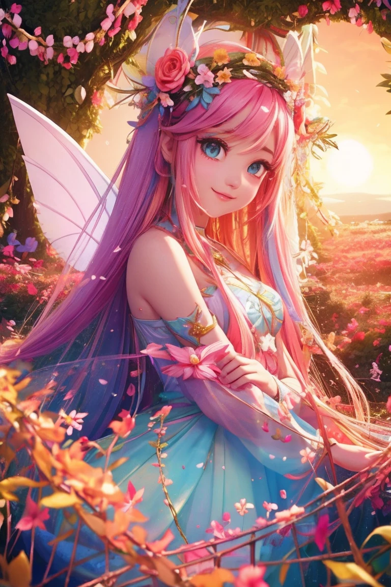 an animated character. a cute face girl, colorful eyes, pastel color, colourful bright long hair, gorgeous flower crown, gorgeous decorated, gorgeous fairy wings, haft body, mythology , Asian style, flowers vines, fantsy sky, shining star, Happy face feeling, fantasy town background, sunset mood and tone.