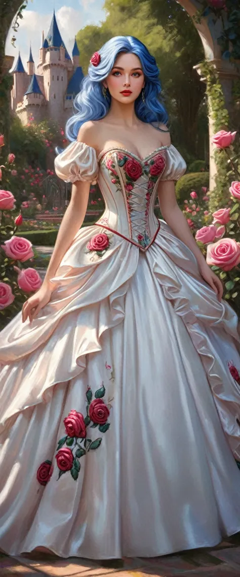 this is realistic fantasy artwork set in the castle's enchanted rose garden. generate a proud woman with a highly detailed face ...