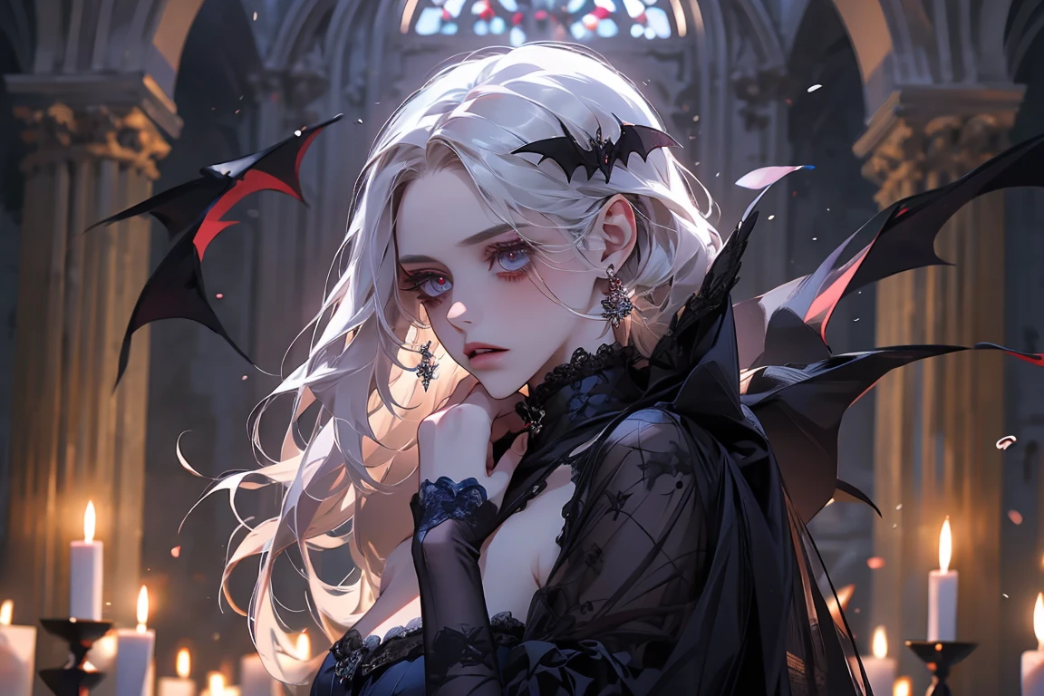 ((masterpiece)), ((best quality)), perfect detailed eyes, perfect detailed face, white hair, medium hair, forehead jewel, hollow eyes, hoop earrings, big ribbon, makeup, turn pale, white skin, shaded, Baroque, cinematic lighting, high quality, accurate, 8k, Vampire, gothic lolita style dress, dark blue dress, bats in the background, dark fantasy, horror, Candlelight on a dark night, old castle, abandoned castle, spider web in the background