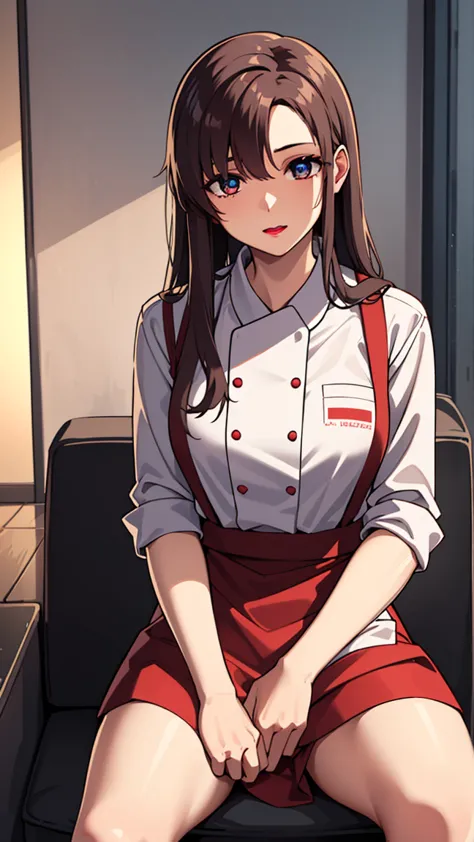 bangs,brown_hair, long_hair,red eyes,lipstick,makeup,
break (white shirt, apron, red skirt, chef, red apron:1.2)
break (spread l...