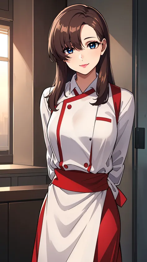 bangs,brown_hair, long_hair,red eyes,lipstick,makeup,
break (white shirt, apron, red skirt, chef, red apron:1.2)
break slim,smil...