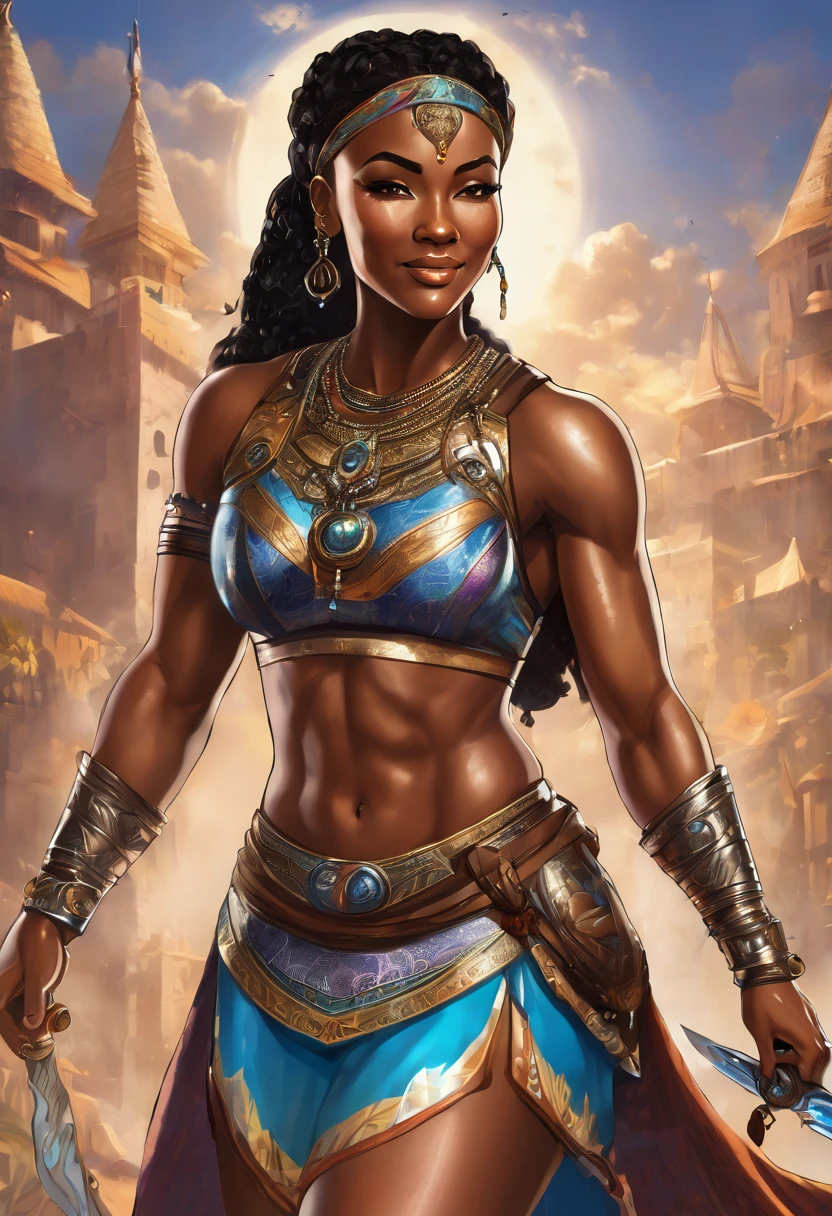 A strong blessed warrior goddess with an attesctive athletic physique, various skin colors, sexy, strong, charming, loving smile, radiant 