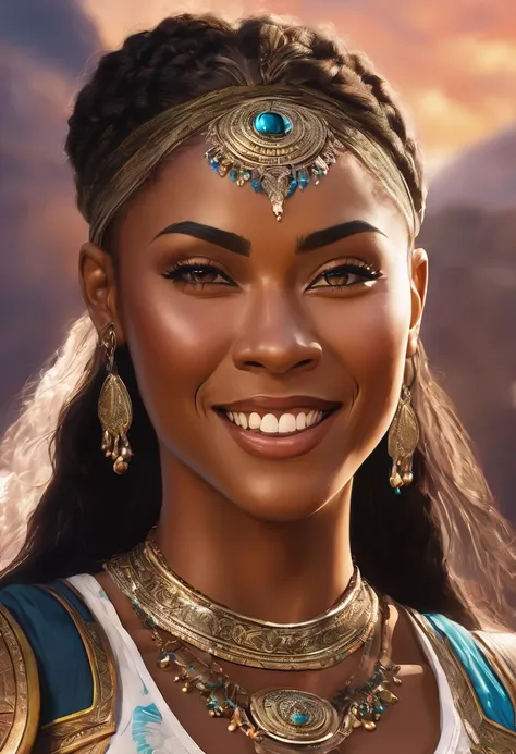 a strong blessed warrior goddess with an attesctive athletic physique, various skin colors, sexy, strong, charming, loving smile...