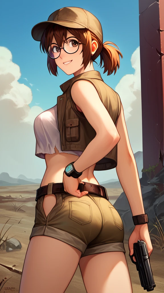 score_9, score_8_up, score_7_up, source_anime, fiogermi,1girl,fio germi, brown hair, glasses, medium hair, ponytail, brown eyes, crop top, hat, jacket, knee pads, shorts, sleeveless, navel, belt, outdoors, wasteland, gun, weapon, holding gun, smile,ass,looking at viewer, cowboy shot,dynamic pose, dutch angle, solo,behind view Wristwatch Gold or pink 