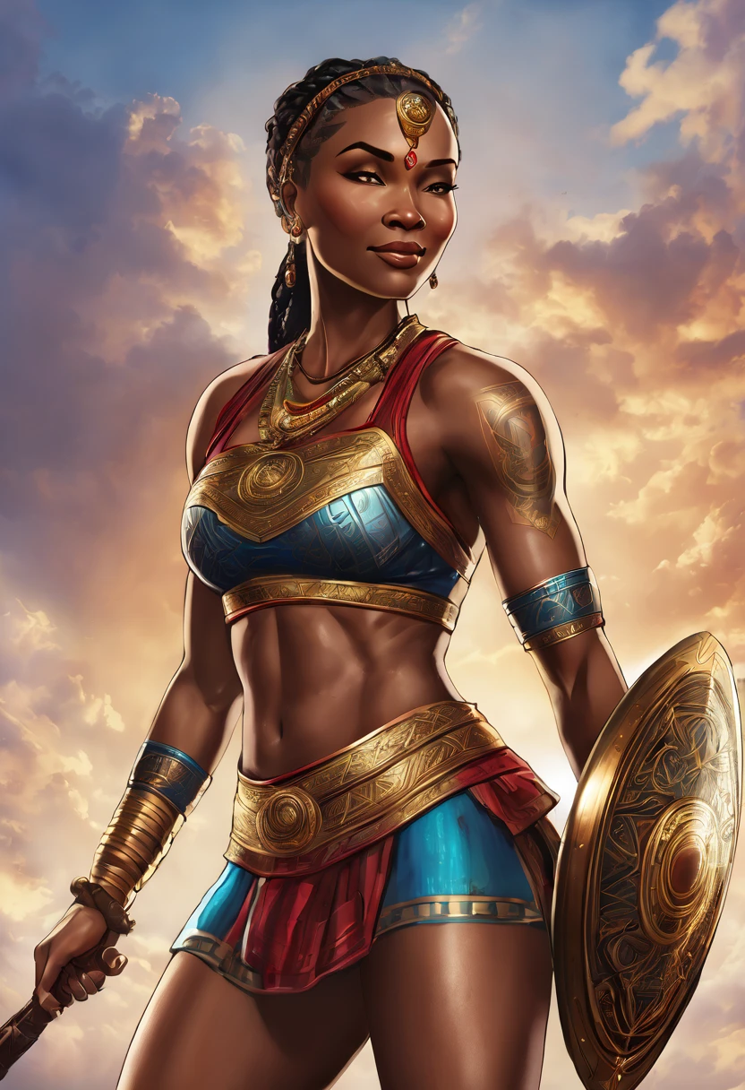 A strong blessed warrior goddess with an attesctive athletic physique, various skin colors, sexy, strong, charming, loving smile, radiant , standing 