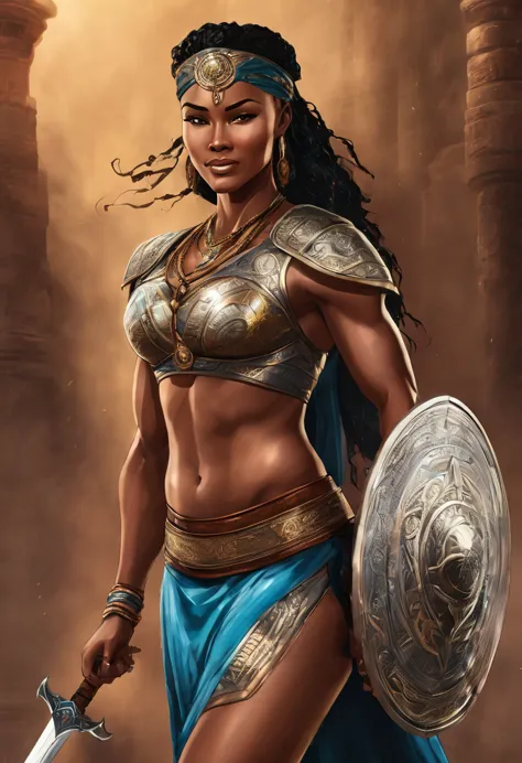 a strong blessed warrior goddess with an attesctive athletic physique, various skin colors, sexy, strong, charming, loving smile...