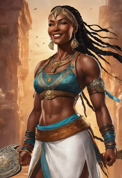 a strong blessed warrior goddess with an attesctive athletic physique, various skin colors, sexy, strong, charming, loving smile...