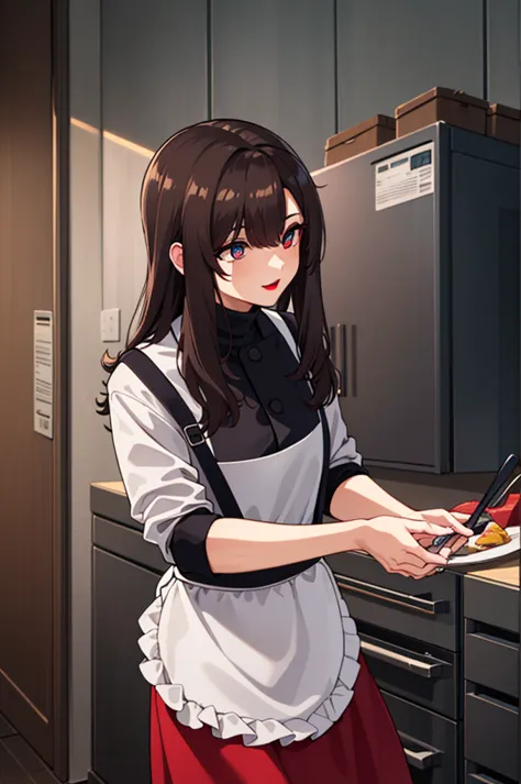 bangs,brown_hair, long_hair,red eyes,lipstick,makeup,
break (white shirt, apron, red skirt, chef, red apron:1.2)
break (masterpi...