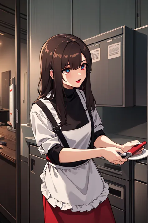 bangs,brown_hair, long_hair,red eyes,lipstick,makeup,
break (white shirt, apron, red skirt, chef, red apron:1.2)
break (masterpi...