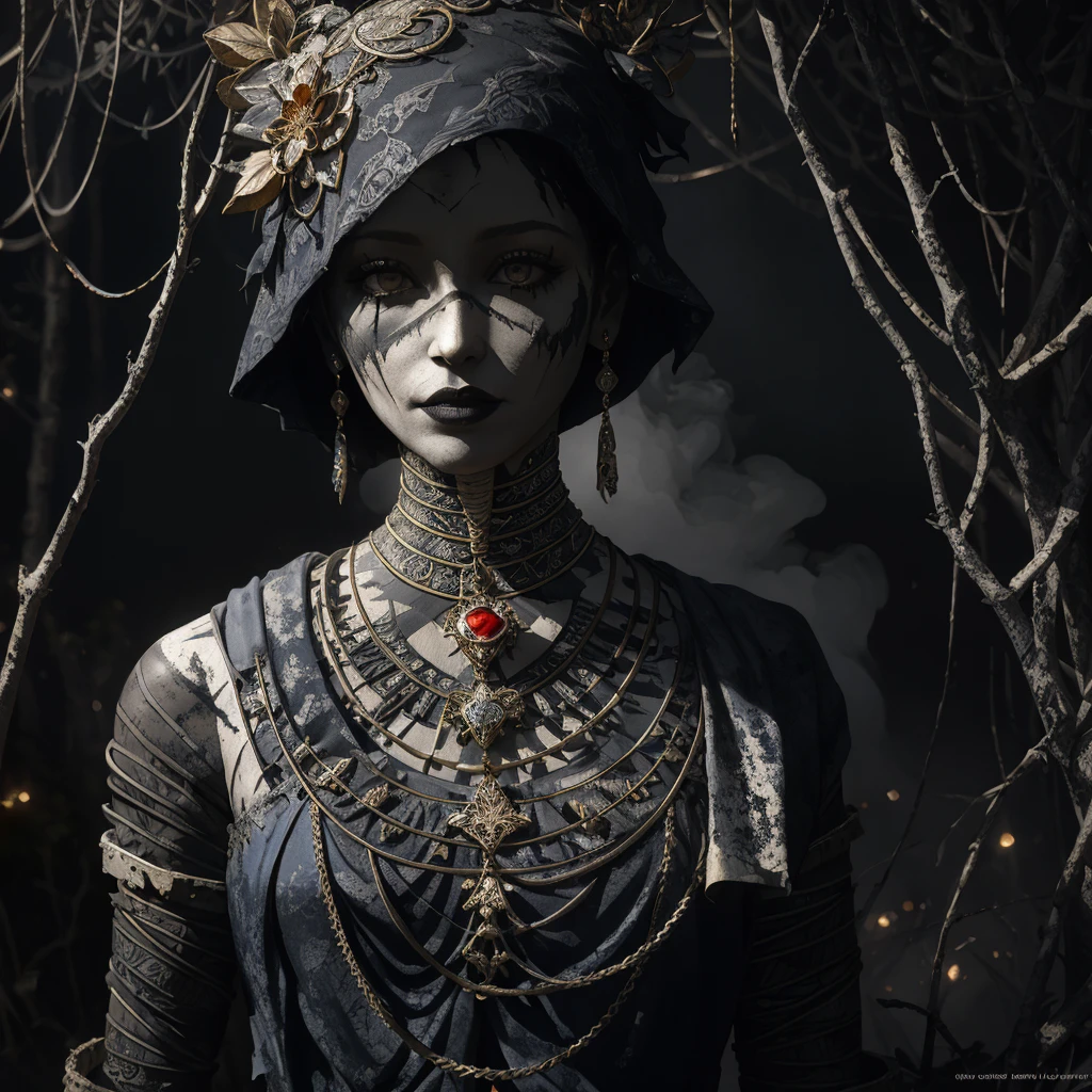 dark creepy background, (Masterpiece, BestQuality:1,3),a photo of a highly-detailed Queen Of Hearts, covered in heavily rusted, decaying, fractured, and oxidized curved metal plates with lots of old frayed wires, ridged cables and damaged metal mesh in an atmospheric otherworldly misty wonderland hedge maze landscape,8k resolution concept art portrait, dynamic lighting hyperdetailed intricately detailed Splash art trending on Artstation, triadic colors, Unreal Engine 5, volumetric lighting, gothic, high resolution, Close up portrait, ambient light, Nikon 15mm f/1.8G, Egyptian mummy, glamour, intricate and detailed environment, laces, stains, watercolor dark background, Masterpiece, ornate, depth, (((mummification )))