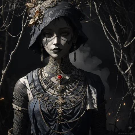 dark creepy background, (masterpiece, bestquality:1,3),a photo of a highly-detailed queen of hearts, covered in heavily rusted, ...