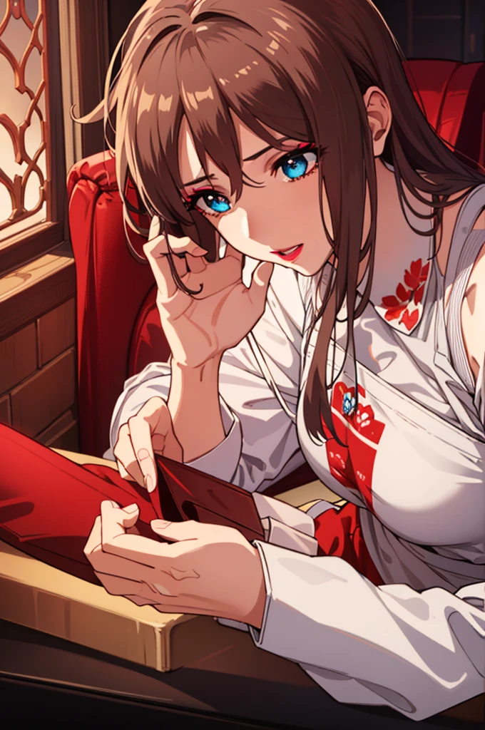 bangs,brown_hair, long_hair,red eyes,lipstick,makeup,
BREAK (white shirt, apron, red skirt, red apron:1.2)
BREAK (masterpiece:1.2), best quality, high resolution, unity 8k wallpaper, (illustration:0.8), (beautiful detailed eyes:1.6), extremely detailed face, perfect lighting, extremely detailed CG, (perfect hands, perfect anatomy),