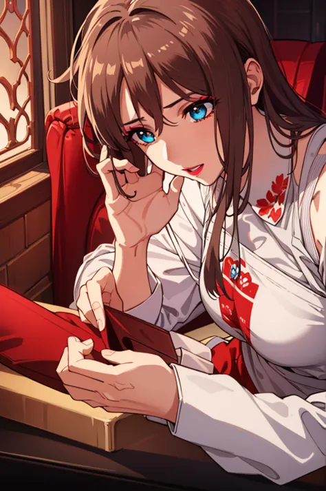 bangs,brown_hair, long_hair,red eyes,lipstick,makeup,
break (white shirt, apron, red skirt, red apron:1.2)
break (masterpiece:1....