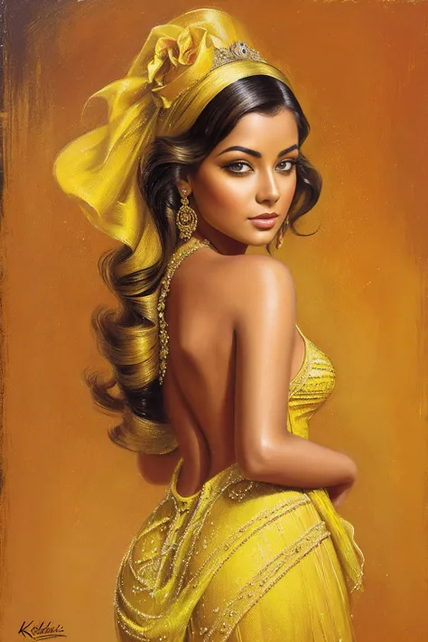 painting of a woman in a yellow dress posing for a picture, beautiful yellow woman, beautiful retro art, like rolf armstrong sty...