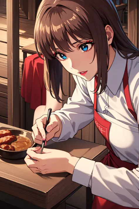 bangs,brown_hair, long_hair,red eyes,lipstick,makeup,
break (white shirt, apron, red skirt, red apron:1.2)
break (masterpiece:1....