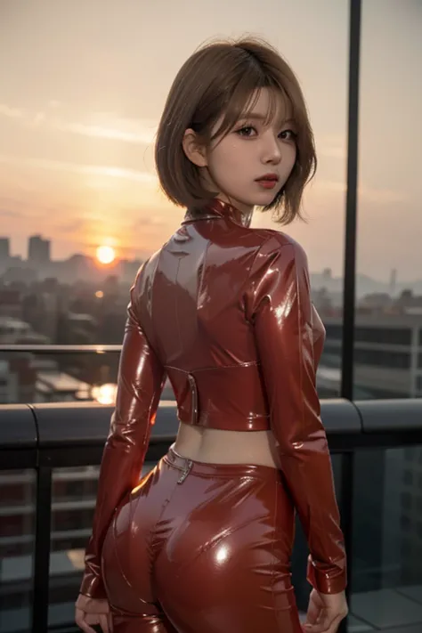 highest quality, 8k, highly detailed face and skin texture, wearing a red latex suit in the sunset city、asian girl with short ha...