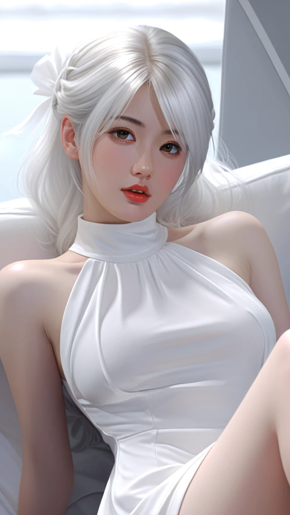 a close up of a woman in a white dress and black stockings, a digital painting by Aaron Nagel, pixiv, figurative art, white dress!! of silver hair, white haired lady, fully clothed. painting of sexy, wearing white silk, girl with white hair, perfect white haired girl, white haired, silver hair girl, flowing white hair, in white clothes