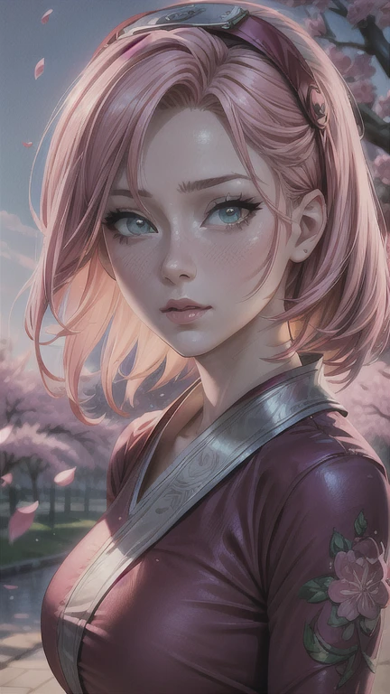 sakura haruno, 1girl, beautiful detailed eyes, beautiful detailed lips, extremely detailed face and skin, long pink hair, red dress, cherry blossom petals, serene expression, intricate detailed background, watercolor painting, pastel colors, soft lighting, (best quality, 4k, 8k, highres, masterpiece:1.2), ultra-detailed, (realistic, photorealistic, photo-realistic:1.37), vibrant colors, delicate petals, cinematic lighting, intricate details