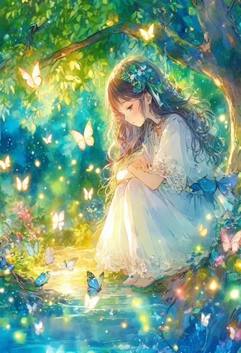 animated cartoon of a boy sitting on a tree branch with butterflies flying around, so magical and dreamy, beautiful fantasy anim...